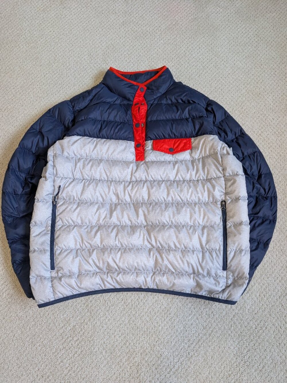 Eddie Bauer EB650 Down Snap Pullover Puffer Navy Beige Orange Women's L Jacket